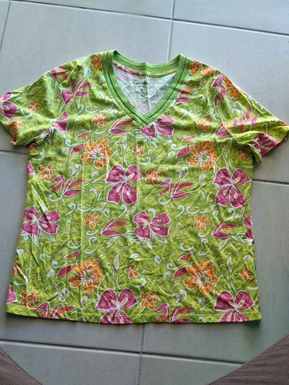 Coral Bay Lime Green Floral V‑Neck Tee with Pink & Orange Flowers